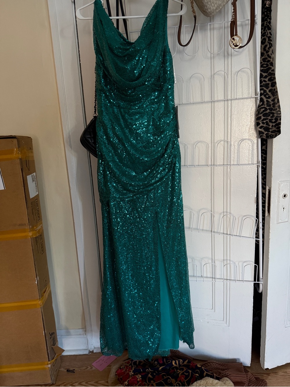 Emerald Green Sequined Cowl Neck Prom Dress